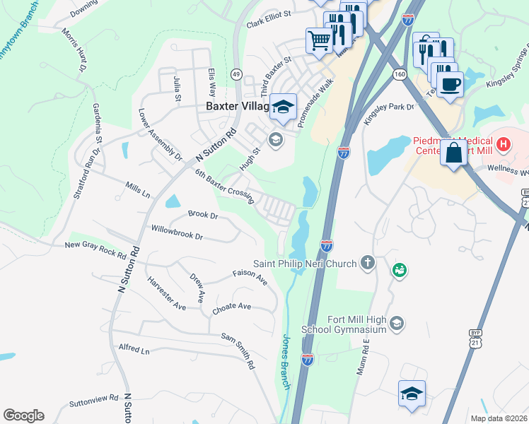 map of restaurants, bars, coffee shops, grocery stores, and more near 603 6th Baxter Crossing in Fort Mill