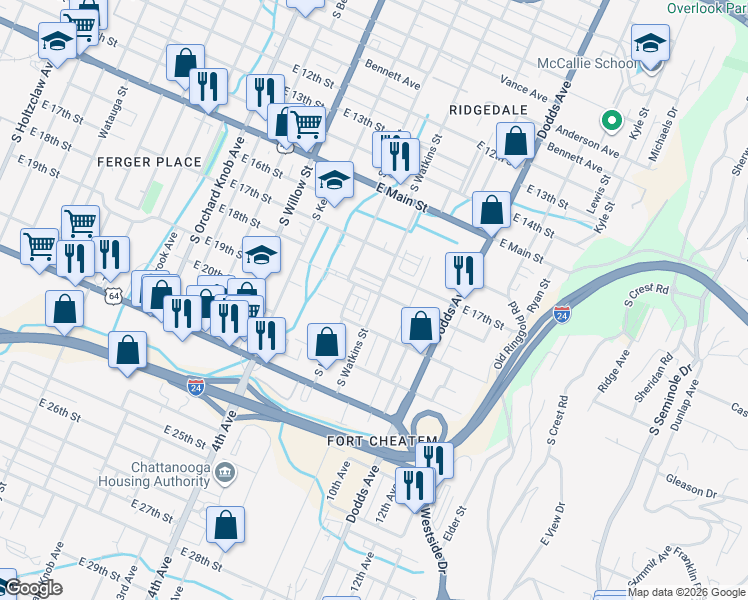 map of restaurants, bars, coffee shops, grocery stores, and more near 2335 East 18th Street in Chattanooga