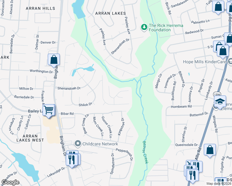 map of restaurants, bars, coffee shops, grocery stores, and more near 5748 Randleman Street in Fayetteville