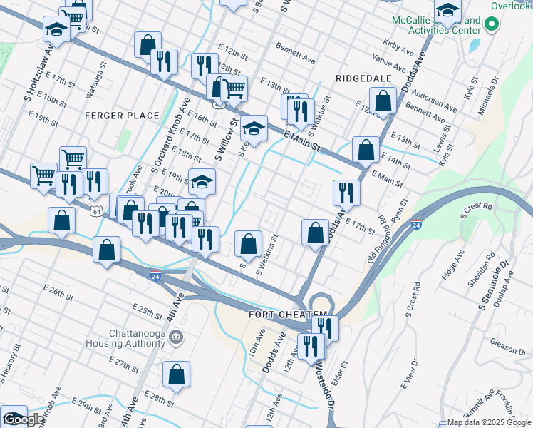 map of restaurants, bars, coffee shops, grocery stores, and more near 2335 East 18th Street in Chattanooga