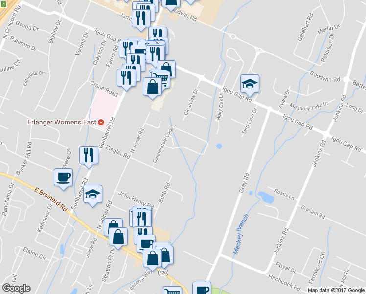 map of restaurants, bars, coffee shops, grocery stores, and more near Cannondale Loop in Chattanooga