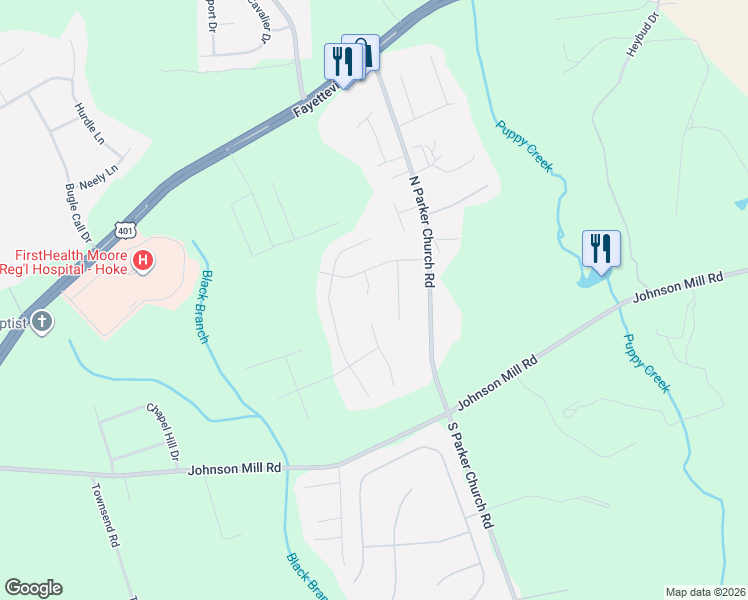 map of restaurants, bars, coffee shops, grocery stores, and more near 104 Hayes Court in Raeford