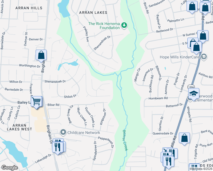 map of restaurants, bars, coffee shops, grocery stores, and more near 5700 Randleman Street in Fayetteville