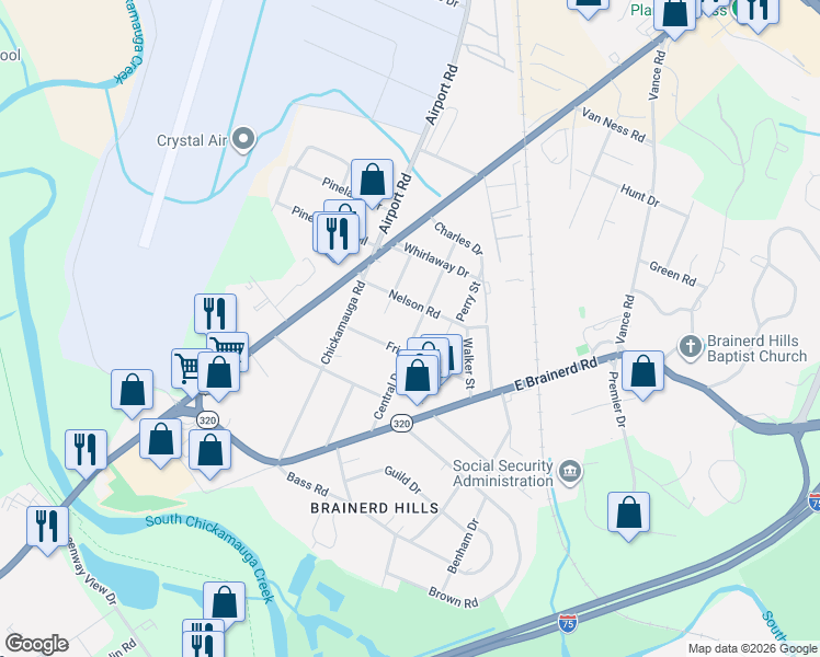 map of restaurants, bars, coffee shops, grocery stores, and more near 311 Central Drive in Chattanooga