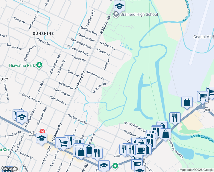 map of restaurants, bars, coffee shops, grocery stores, and more near 5026 Golfview Drive in Chattanooga