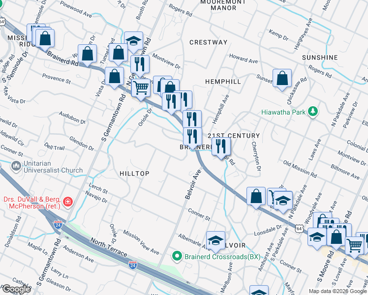 map of restaurants, bars, coffee shops, grocery stores, and more near 3812 Granada Drive in Chattanooga