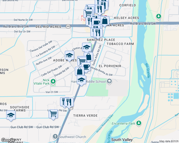 map of restaurants, bars, coffee shops, grocery stores, and more near 1520 Entrada Bonita Street Southwest in Albuquerque
