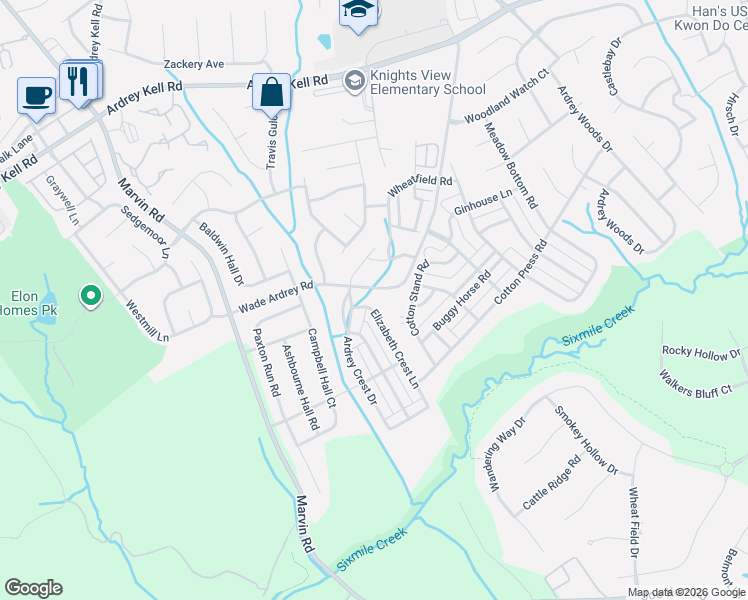 map of restaurants, bars, coffee shops, grocery stores, and more near 9637 Wade Ardrey Road in Charlotte