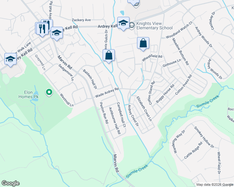 map of restaurants, bars, coffee shops, grocery stores, and more near 17509 Campbell Hall Court in Charlotte