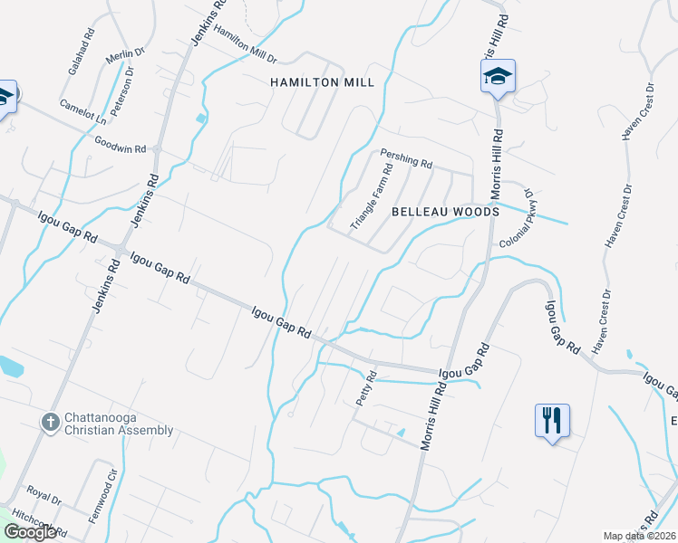 map of restaurants, bars, coffee shops, grocery stores, and more near 2038 Belleau Village Lane in Chattanooga