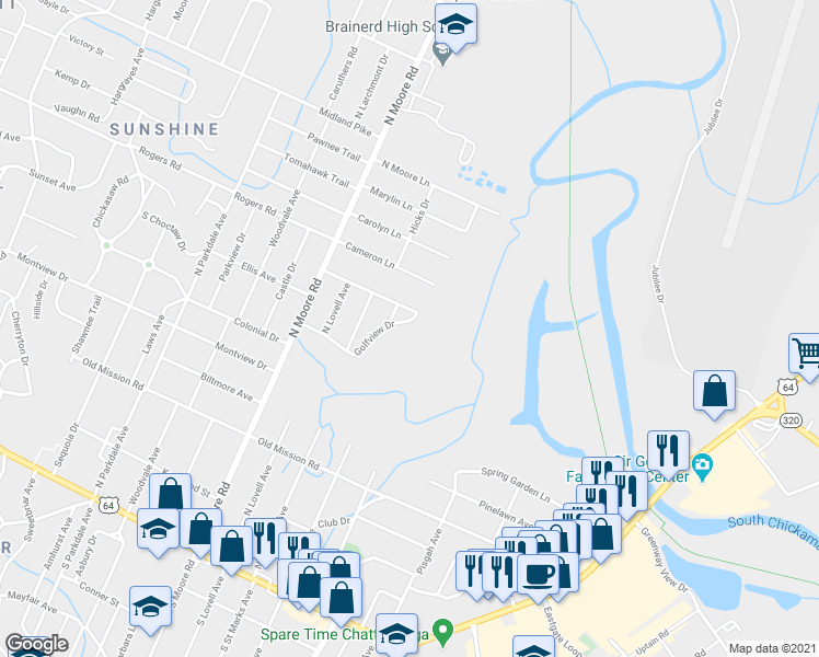 map of restaurants, bars, coffee shops, grocery stores, and more near 5026 Golfview Drive in Chattanooga
