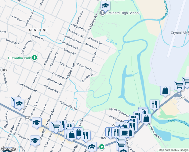 map of restaurants, bars, coffee shops, grocery stores, and more near 5026 Golfview Drive in Chattanooga