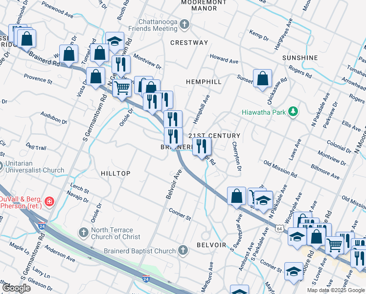 map of restaurants, bars, coffee shops, grocery stores, and more near 3926 Brainerd Road in Chattanooga