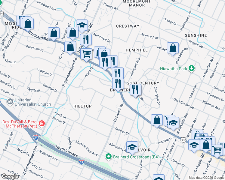 map of restaurants, bars, coffee shops, grocery stores, and more near 3812 Granada Drive in Chattanooga
