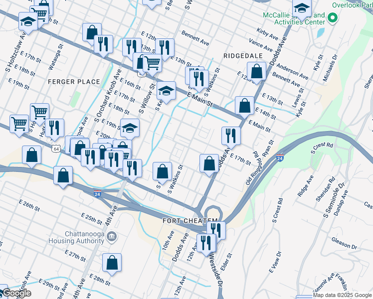 map of restaurants, bars, coffee shops, grocery stores, and more near 2335 East 18th Street in Chattanooga