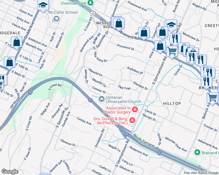 map of restaurants, bars, coffee shops, grocery stores, and more near 3585 Idlewild Circle in Chattanooga