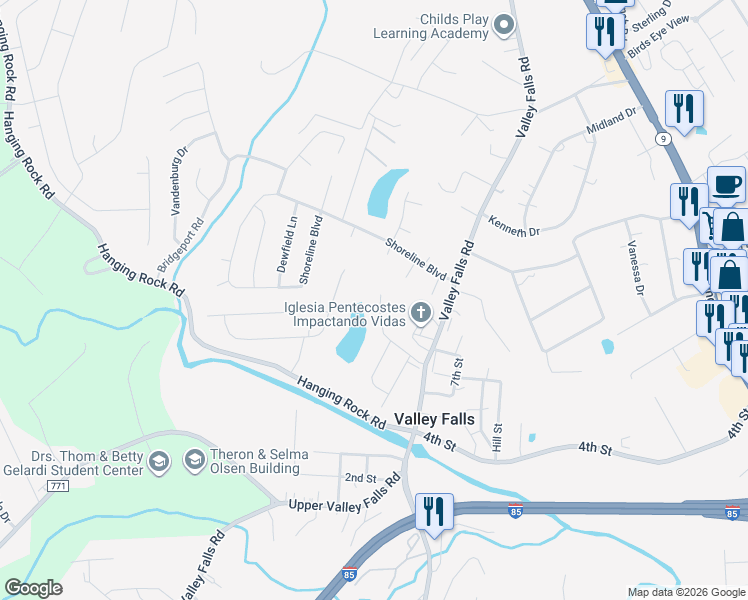 map of restaurants, bars, coffee shops, grocery stores, and more near 966 Deepwood Court in Boiling Springs