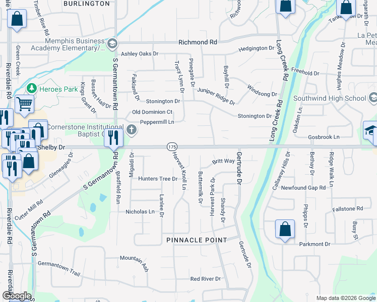 map of restaurants, bars, coffee shops, grocery stores, and more near 7443 Southwind Cove in Memphis