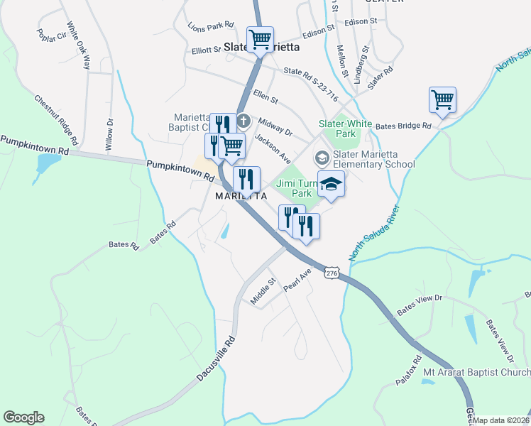 map of restaurants, bars, coffee shops, grocery stores, and more near 104 Guest Street in Slater-Marietta