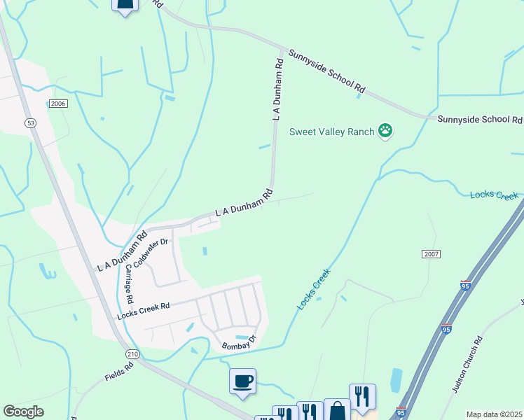 map of restaurants, bars, coffee shops, grocery stores, and more near 2430 L a Dunham Road in Fayetteville