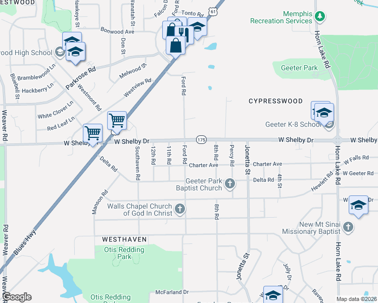 map of restaurants, bars, coffee shops, grocery stores, and more near 507 West Shelby Drive in Memphis