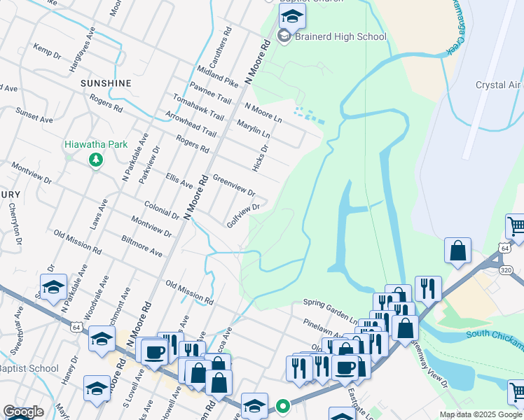 map of restaurants, bars, coffee shops, grocery stores, and more near 5022 Golfview Drive in Chattanooga