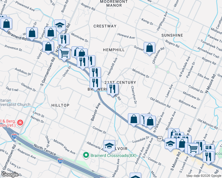 map of restaurants, bars, coffee shops, grocery stores, and more near 3929 Manor Road in Chattanooga