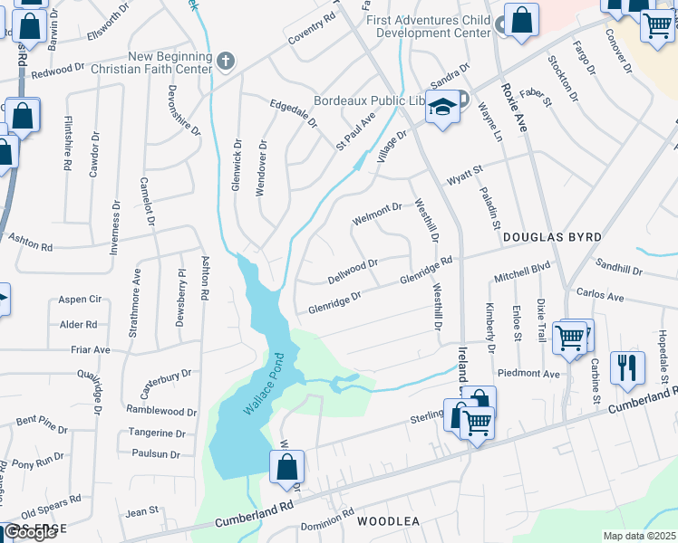 map of restaurants, bars, coffee shops, grocery stores, and more near 4114 Dellwood Drive in Fayetteville
