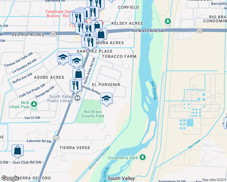 map of restaurants, bars, coffee shops, grocery stores, and more near 3411 El Porvenir Circle Southwest in Albuquerque