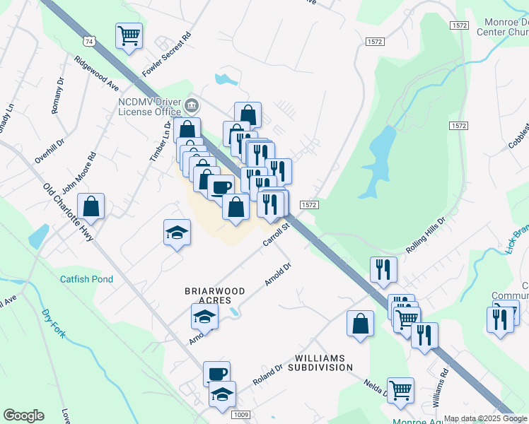map of restaurants, bars, coffee shops, grocery stores, and more near 2841 West Highway 74 in Monroe