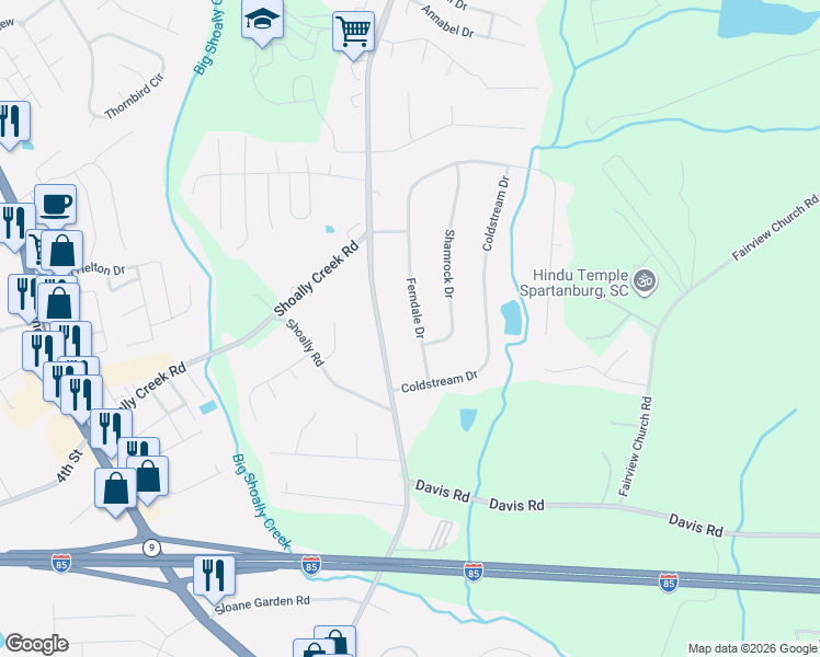 map of restaurants, bars, coffee shops, grocery stores, and more near 226 Ferndale Drive in Boiling Springs