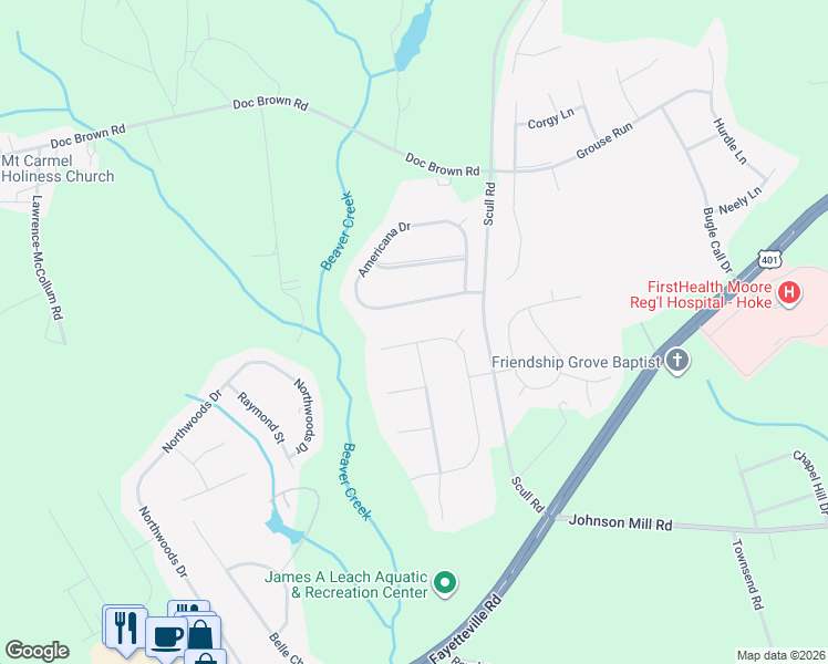 map of restaurants, bars, coffee shops, grocery stores, and more near 284 Crescent Drive in Raeford