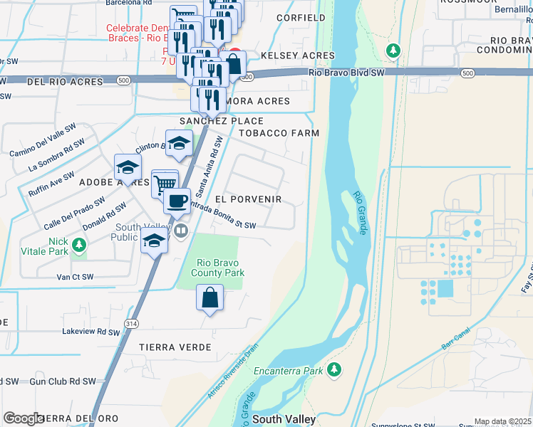 map of restaurants, bars, coffee shops, grocery stores, and more near 3411 El Porvenir Circle Southwest in Albuquerque