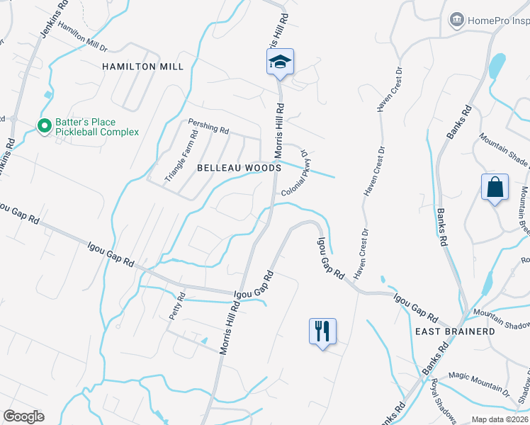 map of restaurants, bars, coffee shops, grocery stores, and more near 8602 Surry Circle in Chattanooga