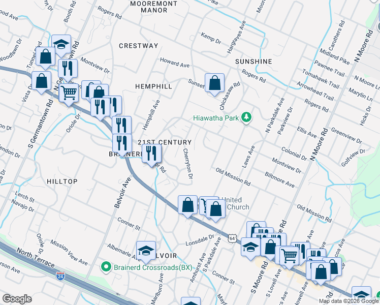 map of restaurants, bars, coffee shops, grocery stores, and more near 200 Hillside Drive in Chattanooga