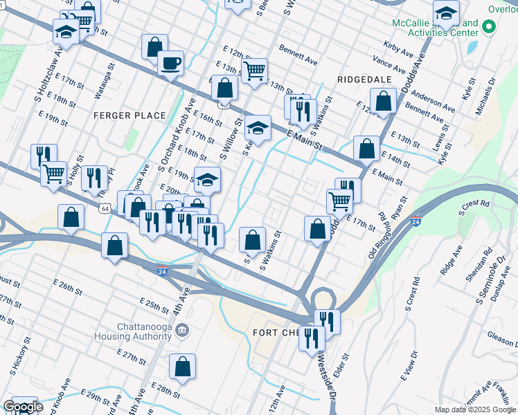 map of restaurants, bars, coffee shops, grocery stores, and more near 2223 East 19th Street in Chattanooga