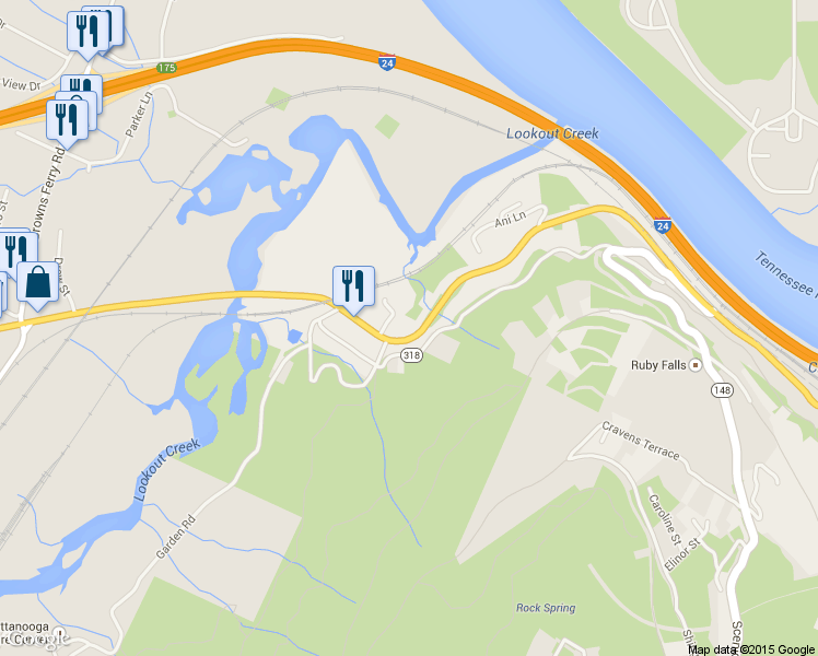 map of restaurants, bars, coffee shops, grocery stores, and more near 2453-2519 Cummings Highway in Chattanooga
