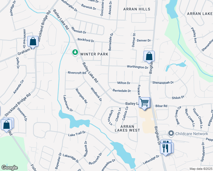 map of restaurants, bars, coffee shops, grocery stores, and more near 1830 Berriedale Drive in Fayetteville