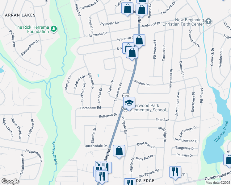 map of restaurants, bars, coffee shops, grocery stores, and more near 2042 Lombardy Drive in Fayetteville
