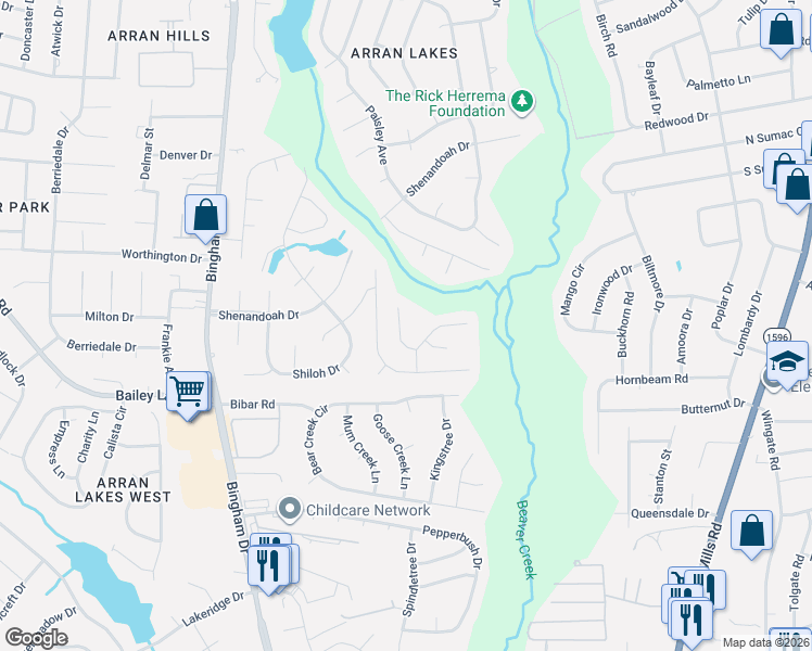 map of restaurants, bars, coffee shops, grocery stores, and more near 1624 Derrydowne Court in Fayetteville