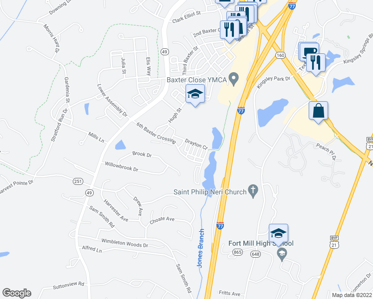 map of restaurants, bars, coffee shops, grocery stores, and more near 809 Granby Drive in Fort Mill