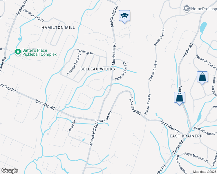 map of restaurants, bars, coffee shops, grocery stores, and more near 2012 Morris Hill Road in Chattanooga