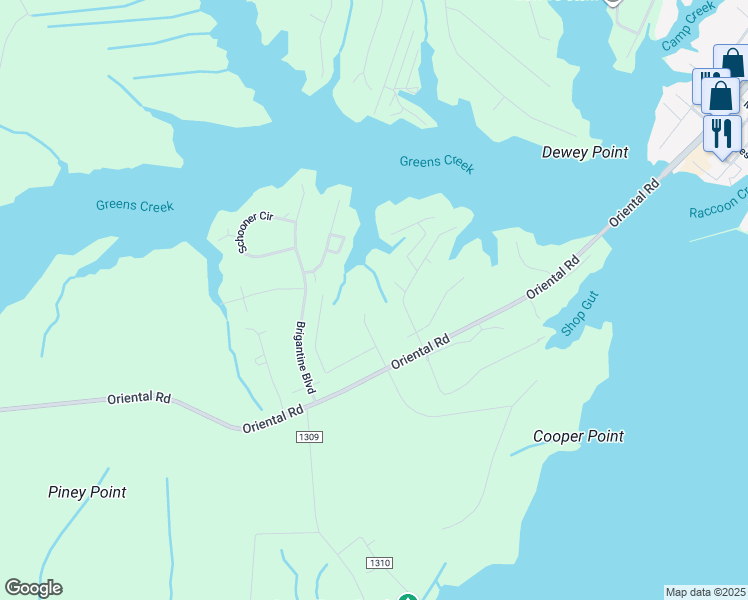 map of restaurants, bars, coffee shops, grocery stores, and more near 6112 Raccoon Run in Oriental