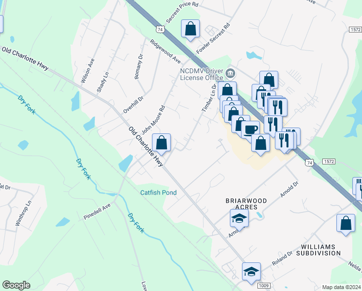 map of restaurants, bars, coffee shops, grocery stores, and more near 1721 Timber Lane Drive in Monroe