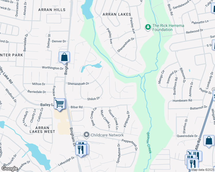 map of restaurants, bars, coffee shops, grocery stores, and more near 5729 Cold Harbor Drive in Fayetteville