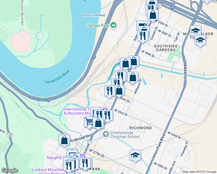 map of restaurants, bars, coffee shops, grocery stores, and more near 3105 Saint Elmo Avenue in Chattanooga