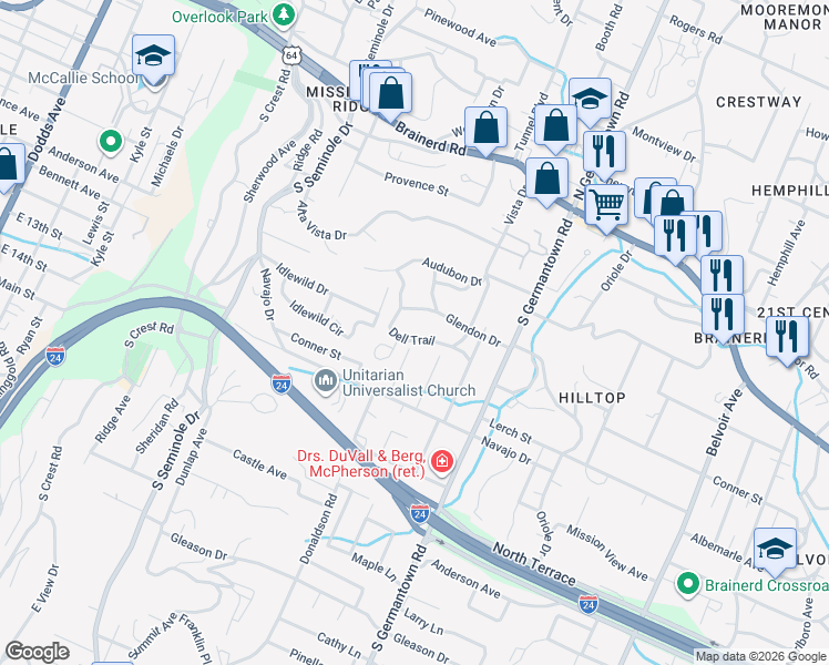 map of restaurants, bars, coffee shops, grocery stores, and more near 3404 Glendon Drive in Chattanooga