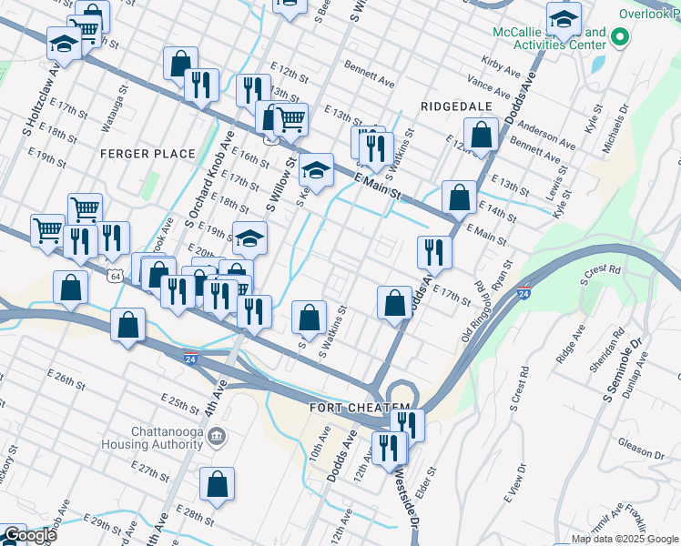map of restaurants, bars, coffee shops, grocery stores, and more near 1801 South Watkins Street in Chattanooga