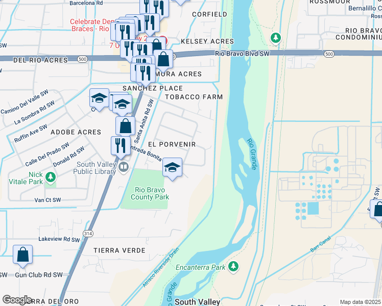 map of restaurants, bars, coffee shops, grocery stores, and more near 3411 El Porvenir Circle Southwest in Albuquerque