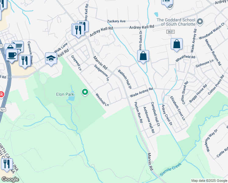map of restaurants, bars, coffee shops, grocery stores, and more near 9912 Forest Run Lane in Charlotte